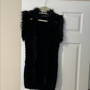 A. Jacobi Black Crochet Knit Vest with Faux Fur Collar